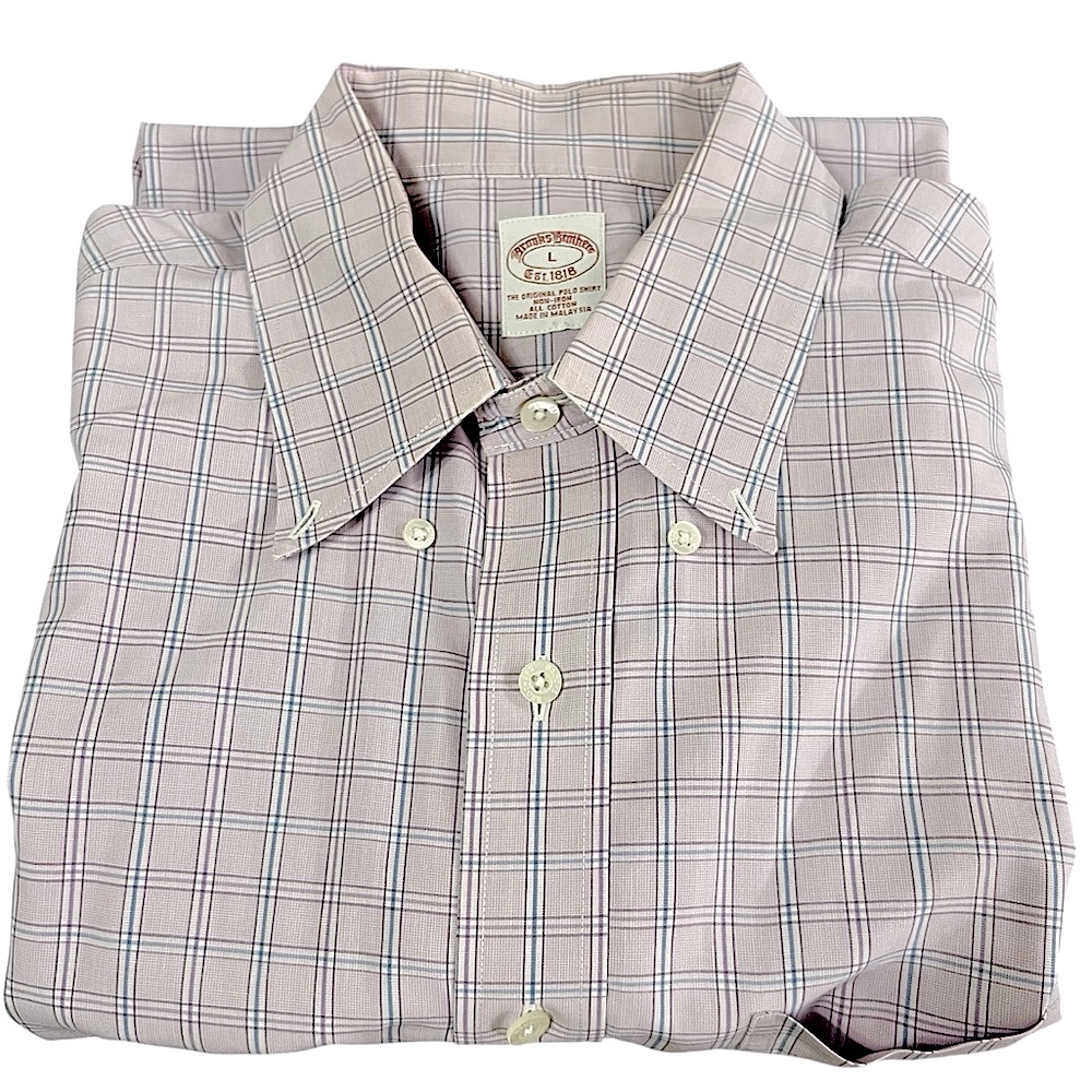 BROOKS BROTHERS MENS PURPLE BLUE PLAID SHORT SLEEVE BUTTON DOWN COTTON SHIRT L